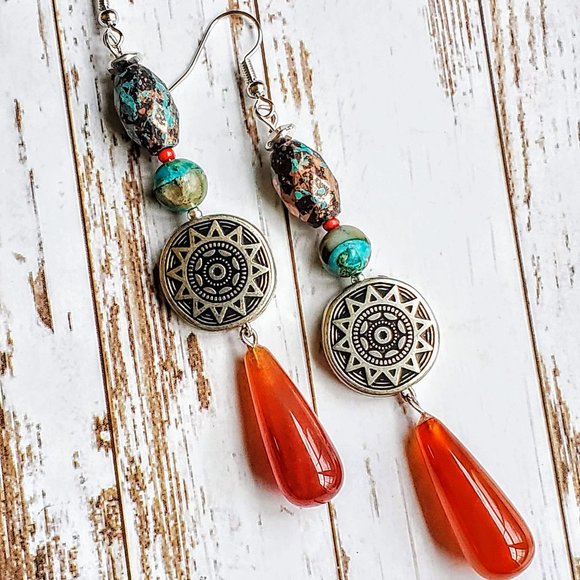 Jewelry - Orange Fire Agate Southwestern Earrings